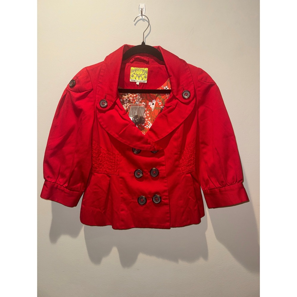 Anthropologie Floreat Red Double Breasted Peplum Jacket 3/4 Sleeve Smocked Size4